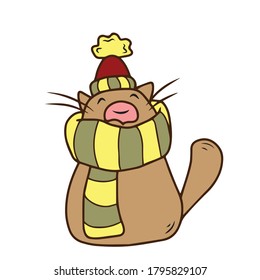 Funny cat wrapped in a scarf .Vector children's design for greeting cards, banners.Sticker