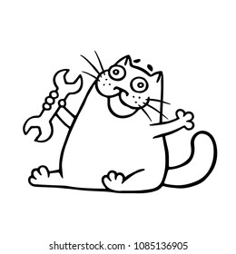 Funny cat and wrench. Building tools. Vector illustration.