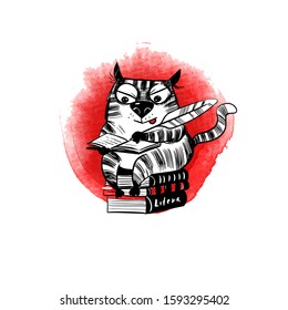 funny cat writes a book. Wector sketch illustration
