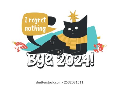 funny cat in yellow scarf with broken christmas tree and Bye 2024 words. winter holiday sticker isolated on white background. flat cartoon kitten in star hat.