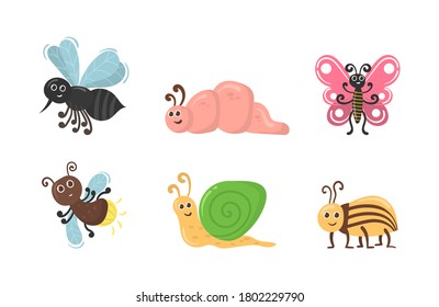 Funny caterpillar and butterfly, children bug, worm, mosquito and spider. Cute cartoon bug worm funny doodle character in flat design. Set of kawaii insect isolated on white background. Vector.