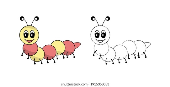 Funny Caterpillar Cartoon in vector format for Children coloring book. Colorful Caterpillar drawing with Outline format.