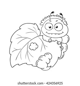 Funny caterpillar eats the leaves. Character caterpillar for coloring book vector