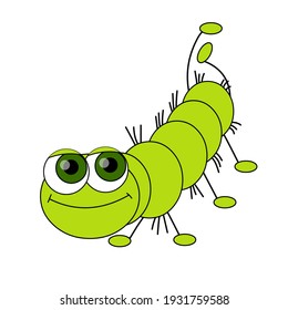 Funny caterpillar isolated on white background. Green worm in a flat style with a black outline .. Cartoon character. Vector illustration.