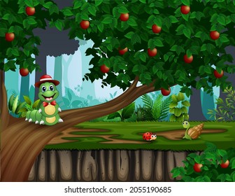 Funny a caterpillar on the apple tree illustration