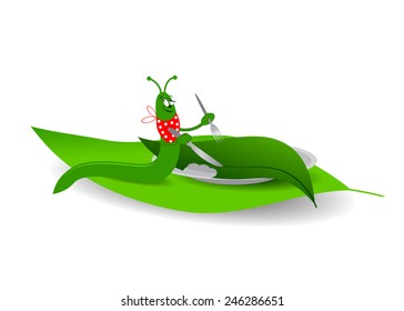  funny a caterpillar with the person, with a fork and a knife about a plate with a leaf