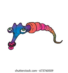 Funny caterpillar with red lips crawling, hand drawn doodle color sketch in pop art style, vector illustration