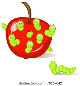 Funny caterpillar sitting in an apple. One larva looks at them from the side. An isolated figure. Comics.