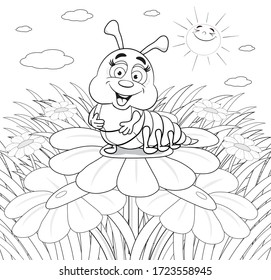 Funny caterpillar is sitting on a flower. Coloring book for kidsю