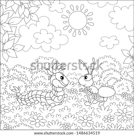 Funny caterpillar and small ant friendly talking on a glade of a forest on a pretty summer day, black and white vector illustration in a cartoon style for a coloring book