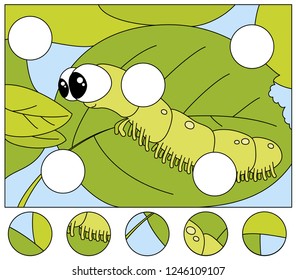 Funny caterpillar wants to eat a fresh leaf. Complete the puzzle and find the missing parts of the picture. Educational game for kids