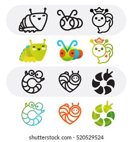 Funny caterpillars. Set of vector caterpillar signs. Line art and cartoon style symbols. Good for logotype, icons or symbols of children projects.