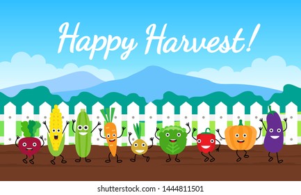 funny catoon vegetables in garden happy harvest concept illustration