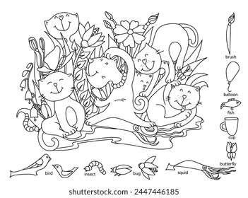 Gatos divertidos entre flores. Encuentra y colorea los objetos ocultos y cuenta los gatos. Divertido juego educativo de rompecabezas para niños. Libro para colorear. Ilustración vectorial de bocetos.