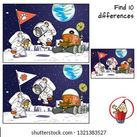 Funny cats astronauts, flag and moonrover. Find 10 differences. Educational matching game for children. Cartoon vector illustration