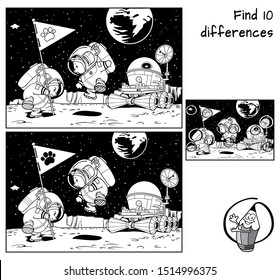 Funny cats astronauts, flag and moonrover. Find 10 differences. Educational matching game for children. Black and white cartoon vector illustration