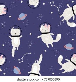 Funny cats astronauts flying in open space. Cute kids seamless pattern. Vector hand drawn illustration.