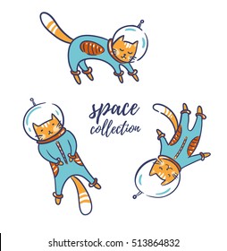 Funny cats astronauts in space isolated on the white background, vector illustration. Cat as a cosmonaut, space suit, funny futuristic design for kids