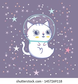 Funny cats astronauts in space, vector illustration. Cat as a cosmonaut, space suit, funny futuristic poster with lettering , design for kids