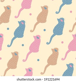 Funny Cats background. Cartoon seamless pattern in vector. 