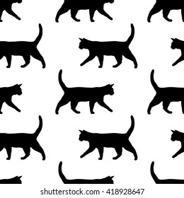 Funny Cats background. Cartoon seamless pattern in vector. Vector illustration with black cats silhouette on white background