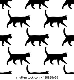 Funny Cats background. Cartoon seamless pattern in vector. Vector illustration with black cats silhouette on white background