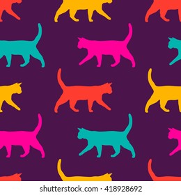 Funny Cats background. Cartoon seamless pattern in vector. Vector illustration with colors cats silhouette