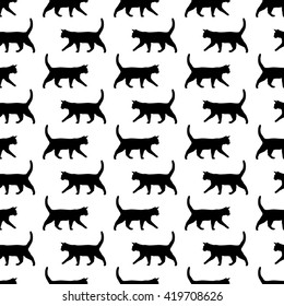 Funny Cats background. Cartoon seamless pattern in vector. Vector illustration with black cats silhouette on white background
