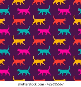 Funny Cats background. Cartoon seamless pattern in vector. Vector illustration with colors cats silhouette
