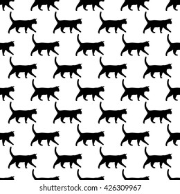 Funny Cats background. Cartoon seamless pattern in vector. Vector illustration with black cats silhouette on white background