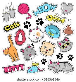 Funny Cats Badges, Patches, Stickers - Cat Fish Clutches In Comic Style. Vector Doodle