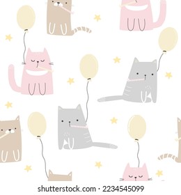 Funny cats with balloons seamless pattern. Party pastel print. Vector hand drawn illustration.