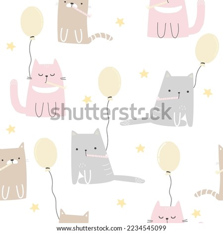 Funny cats with balloons seamless pattern. Party pastel print. Vector hand drawn illustration.