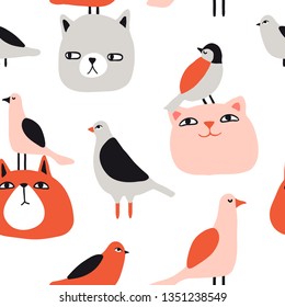 Funny cats and birds seamless pattern. Pet vector illustration. Cartoon doodle animals background. Cute kitten design for girls, kids. Hand drawn children's pattern for fashion clothes, shirt, fabric