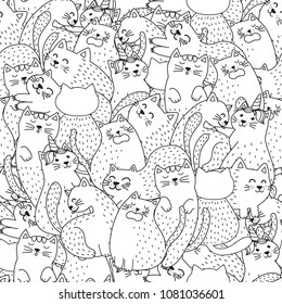 Funny cats black and white seamless pattern. Great for  coloring page, prints, backgrounds, textile and fabric. Vector illustration