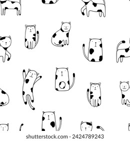 Funny cats black and white. Seamless kitten pattern