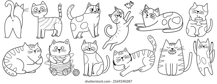 Funny cats black and white set for coloring book. Cute feline characters in different poses coloring page. Outline doodle animals collection in cartoon style. Vector illustration