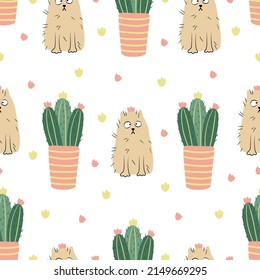 Funny cats and blooming cactuses seamless pattern on white. Hand drawn flat vector illustration. Potted plants and pets. Great for fabrics, wrapping papers, wallpapers, covers.