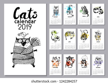 Funny cats calendar 2019. Hand drawn vector cats