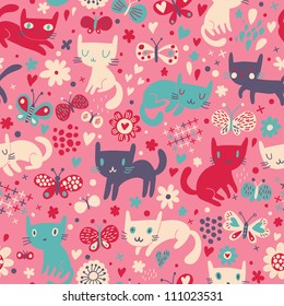 Funny cats. Cartoon seamless pattern for children background. Colorful wallpaper with cats, butterflies and flowers