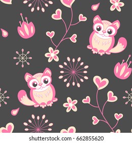 Funny cats. Cartoon seamless pattern for children background. Colorful wallpaper with cats, butterflies and flowers