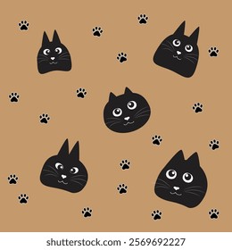 Funny cats cartoon set with paws prints