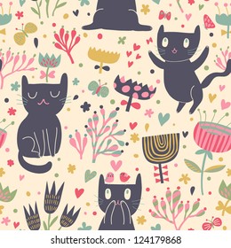 Funny cats in cartoon style. Sweet chilrends seamless pattern for cute wallpapers in vector