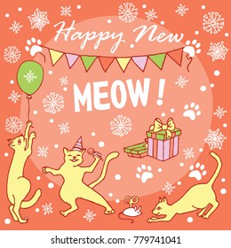 Funny cats celebrate the new year . Meow! / collection of clip in freehand style on the orange background