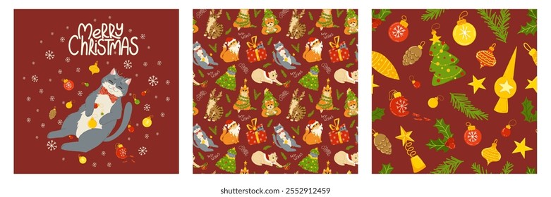 Funny cats celebrating Christmas and New Year. Set of cards and seamless patterns. Background of kittens playing with Christmas ornaments. Vector cartoon holiday print on fabric, wrapping, clothing