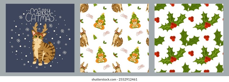 Funny cats celebrating Christmas and New Year. Set of cards and seamless patterns. Background of kittens playing with Christmas ornaments. Vector cartoon holiday print on fabric, wrapping, clothing