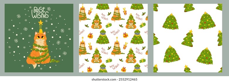 Funny cats celebrating Christmas and New Year. Set of cards and seamless patterns. Background of kittens playing with Christmas ornaments. Vector cartoon holiday print on fabric, wrapping, clothing