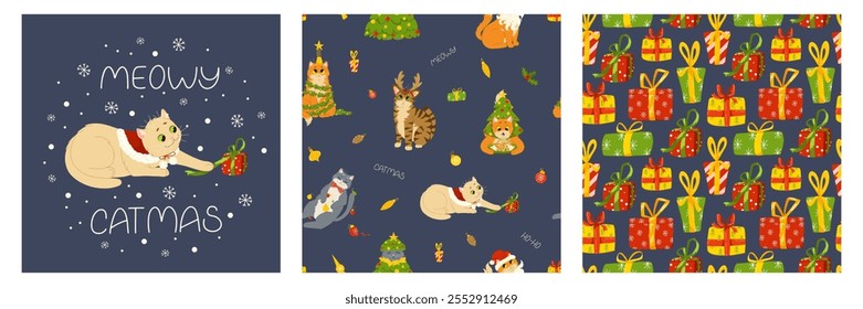 Funny cats celebrating Christmas and New Year. Set of cards and seamless patterns. Background of kittens playing with Christmas ornaments. Vector cartoon holiday print on fabric, wrapping, clothing