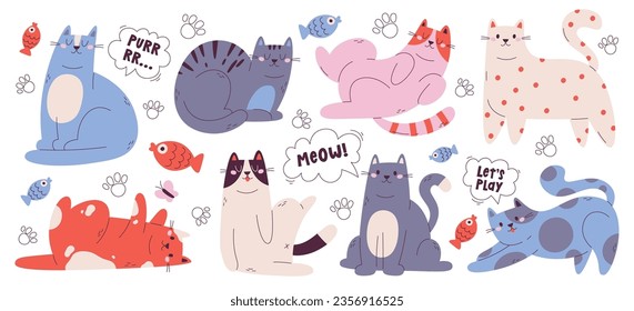 Funny cats, childish kitten, cute pet, kawaii domestic animal cartoon character set with handwritten lettering inscription. Comic playful happy kitty creative doodle drawing vector illustration