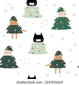 Funny cats in Christmas tree costume. Holiday seamless pattern. Vector hand drawn illustration.